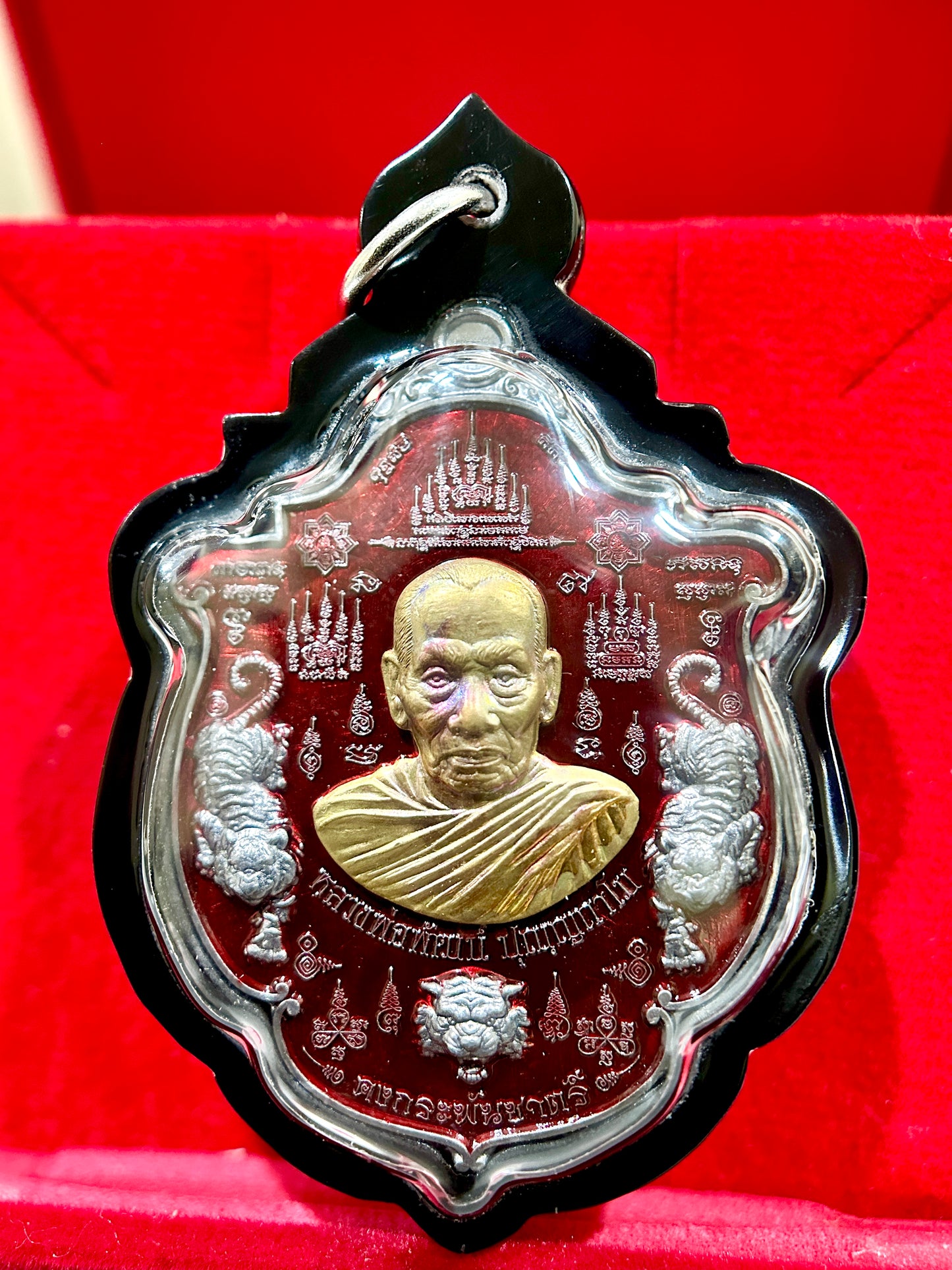 Luang Phor Phat Tiger Power Amulet (Maroon & Silver)