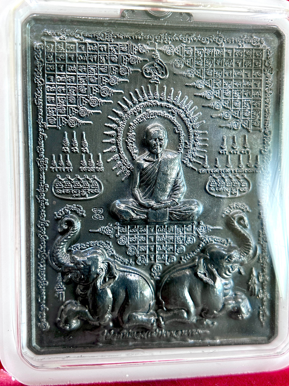 Hanuman, Monk & Elephant Amulet (Dark Steel – White Case)