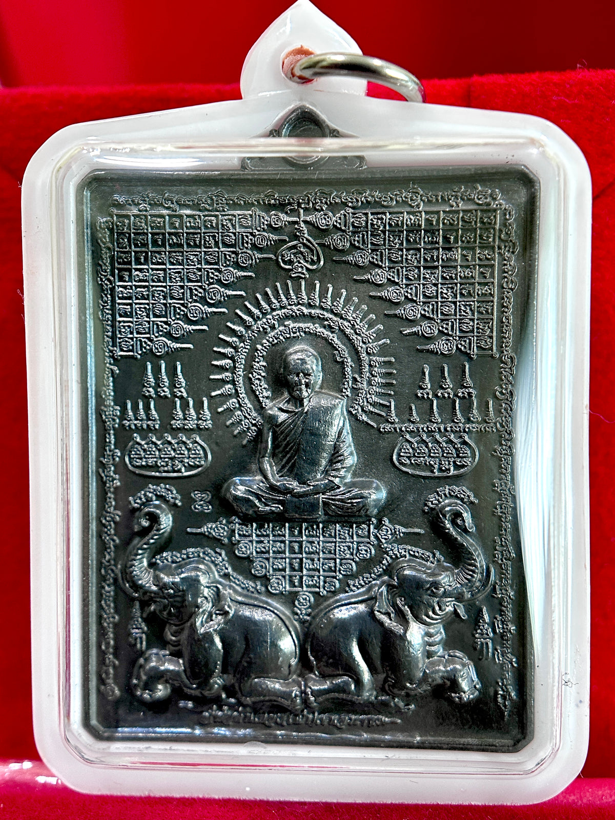 Hanuman, Monk & Elephant Amulet (Dark Steel – White Case)