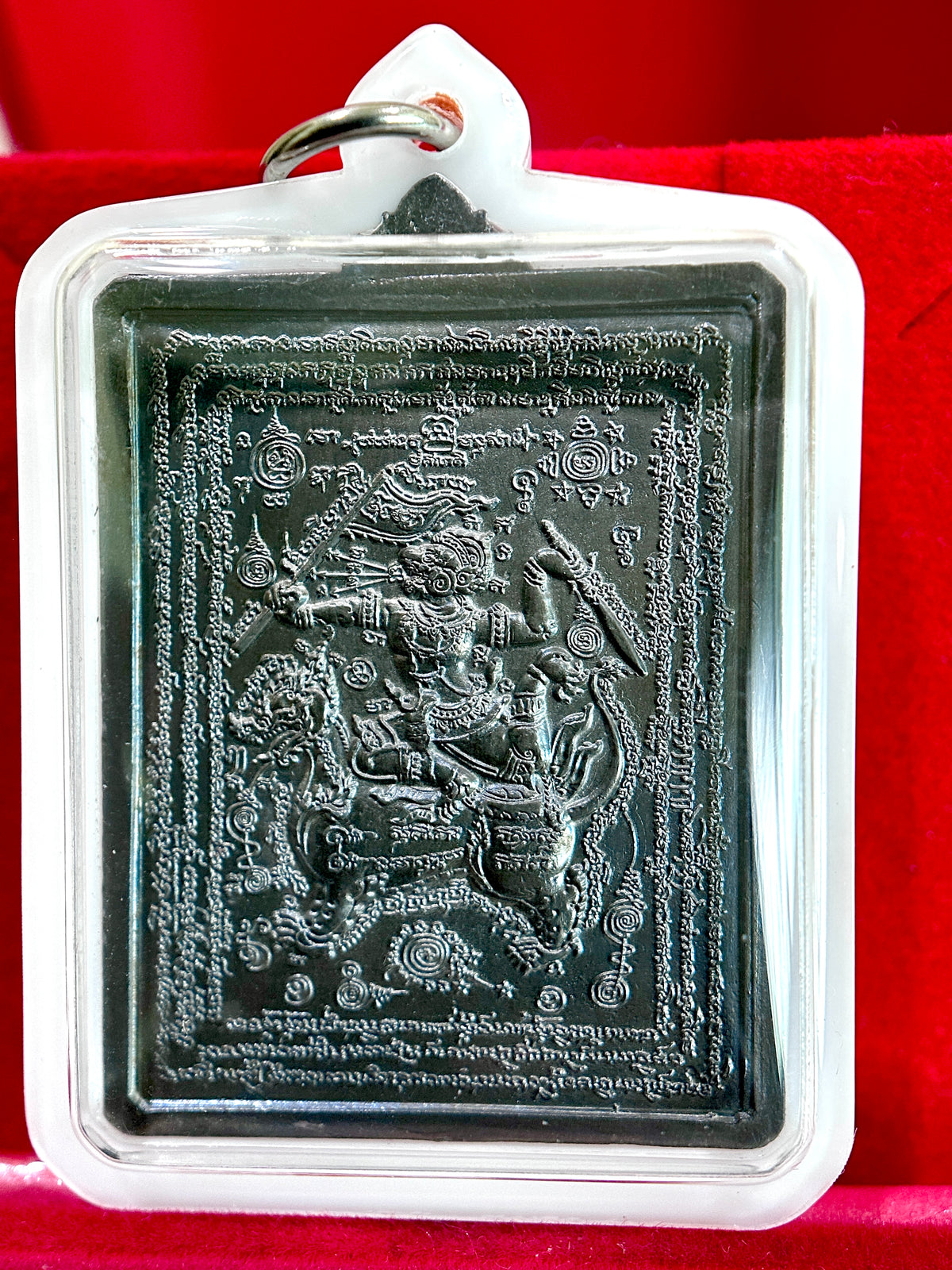 Hanuman, Monk & Elephant Amulet (Dark Steel – White Case)