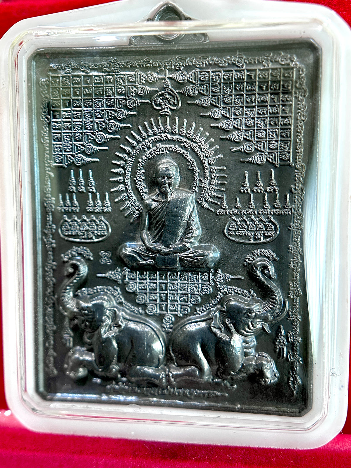 Hanuman, Monk & Elephant Amulet (Dark Steel – White Case)