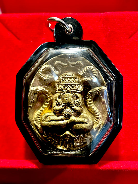 Phra Pidta Naga & Hanuman Amulet (Bronze Finish / Black Case)
