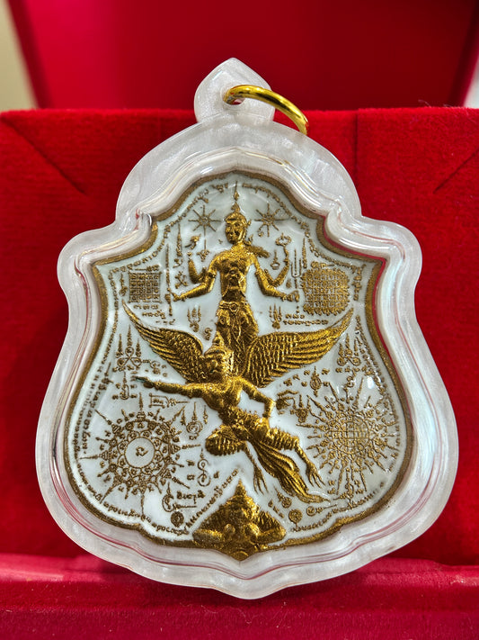 Phra Narai Riding Garuda & Erawan (White/Gold)