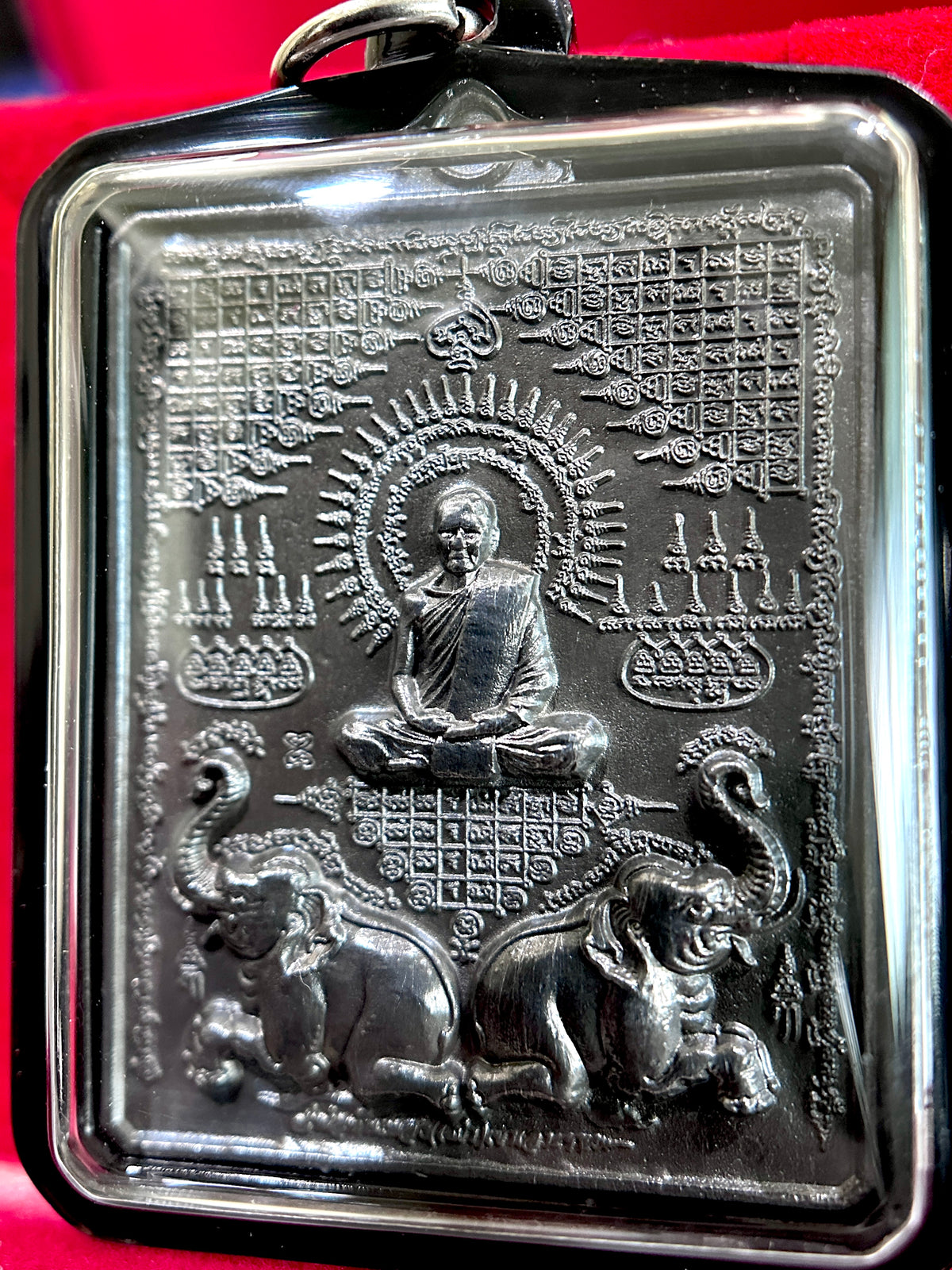 Hanuman, Monk & Elephant Amulet (Dark Steel – Black Case)